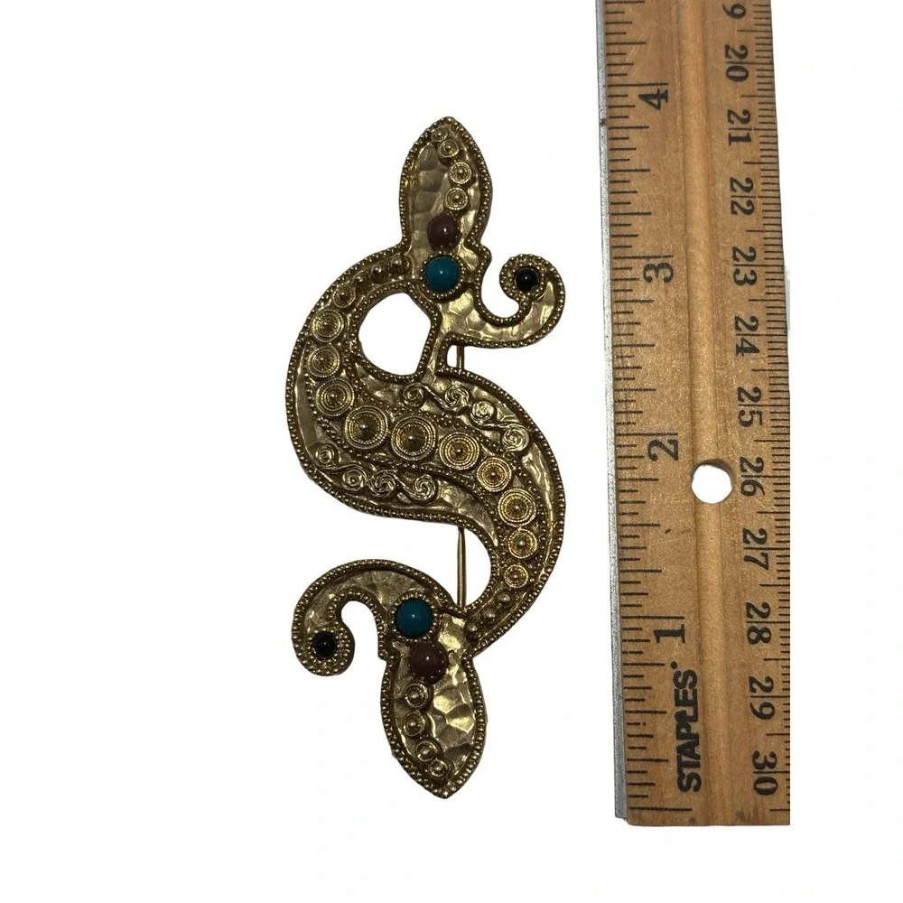 Vintage GoldTone Etruscan Byzantine Style Scroll Faux stone cabochons Brooch Pin